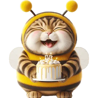 🎂 BE แมว, ผึ้ง, วันเกิด, เค้ก, น่ารัก, ฉลอง, สัตว์ whatsapp sticker