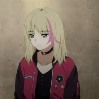 🍒 ragazza anime, capelli biondi, choker, giacca rossa, cartone animato, ciocca rosa telegram sticker