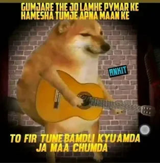 🎵 GUMJARE THE JO LAMHE PYMAR KE
HAMESHA TUMJE APNA MAAN KE
TO FIR TUNE BAMDLI KYUAMDA
JA MAA CHUMDA pies, gitara, mem, muzyka telegram sticker