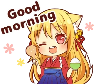 😉 Good morning buongiorno, carino, anime, kawaii, orecchie da gatto, mattina, ragazza, illustrazione telegram sticker