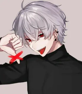 🤍 anime, anime boy, red eyes, white hair, smiling, character whatsapp sticker