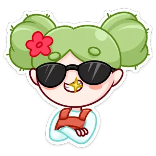 😎 Dessin animé, Mignon, Personnage, Fille, Lunettes de soleil, Fleur telegram sticker