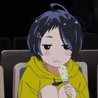 😕 anime girl, yellow hoodie, ice cream, bored, cute, cartoon, animated telegram sticker