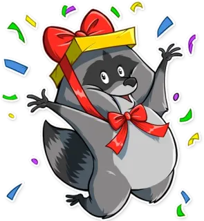 🎉 너구리, 선물, 선물, 축하, 파티, 색종이, 동물 telegram sticker