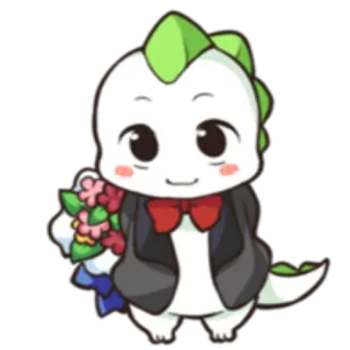 💐 dinossauro, desenho animado, kawaii, fofo, casamento, flores, smoking whatsapp sticker