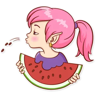 🍉 menina, elfo, melancia, comida, desenho animado, cabelo rosa telegram sticker