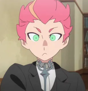😕 Andrew Hanbridge Little Witch Academia Andrew Hanbridge, Little Witch Academia, personaggio anime, capelli rosa, occhi verdi telegram sticker