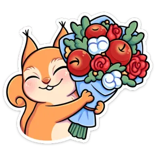 💐 esquilo, buquê, flores, maçãs, fofo, animal, desenho animado telegram sticker