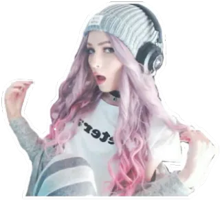 😏 stars 여자, 보라색 머리, 헤드폰, 비니, 별 티셔츠 whatsapp sticker