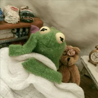 🐸 rã, ursinho de pelúcia, cama, sono, fofo, bicho de pelúcia whatsapp sticker