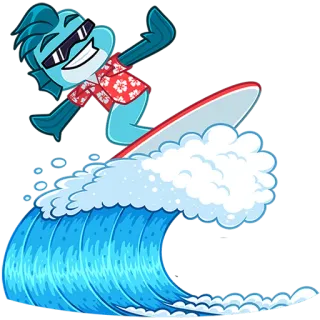 🐟 surf, oceano, onda, cartone animato, pesce, occhiali da sole, estate telegram sticker