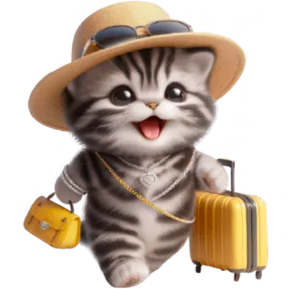 🧳 고양이, 새끼 고양이, 여행, 휴가, 모자, 여행 가방, 귀여운 telegram sticker