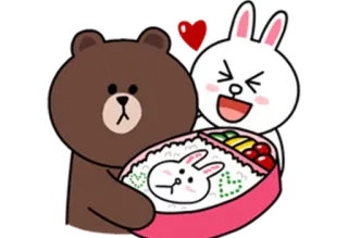 🤗 Brown & Cony Line Friends мультфильм, медведь, кролик, сердце, обед, еда, каваий whatsapp sticker