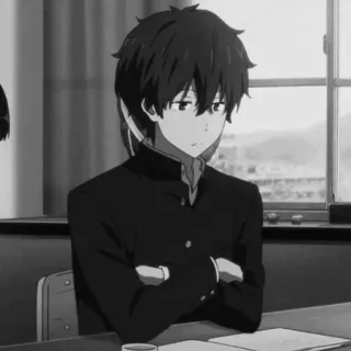 🕸 Anime, Menino, Uniforme escolar, Entediado, Monocromático, Janela telegram sticker