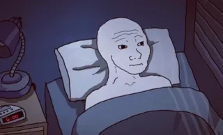 😪 Wojak, มีม, เตียง, เศร้า, กลางคืน, นาฬิกา telegram sticker
