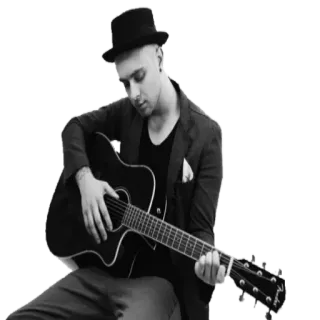 😮 uomo, chitarra, musica, cappello, musicista, bianco e nero telegram sticker