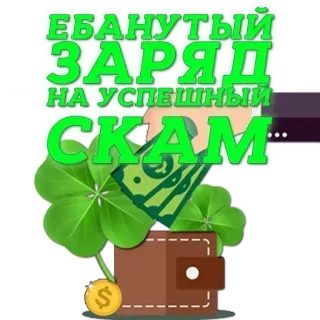 🍀 ЕБАНУТЫЙ ЗАРЯД НА УСПЕШНЫЙ СКАМ scam, money, success, luck, wallet, coin whatsapp sticker