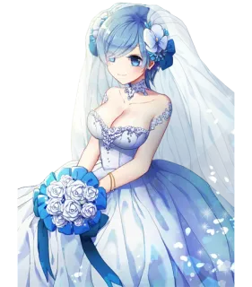 💃 anime, girl, wedding, dress, blue, bouquet whatsapp sticker