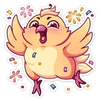 🥳 pássaro, pintinho, fofo, celebração, festa, confete, alegria telegram sticker