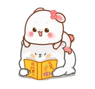 ⭐ ただちゃん だいたい coelho, fofo, coelhinho, lendo, livro, kawaii whatsapp sticker