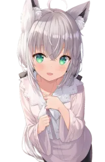😃 anime, girl, cat ears, kawaii, cute, silver hair, green eyes whatsapp sticker
