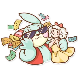 💵 pieniądze, kreskówka, królik, okulary przeciwsłoneczne, dziewczyna, bogactwo, finanse telegram sticker