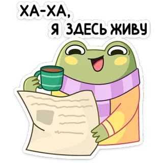 😄 ХА-ХА, Я ЗДЕСЬ ЖИВУ frog, reading, newspaper, coffee, scarf, cartoon, animal, cute telegram sticker