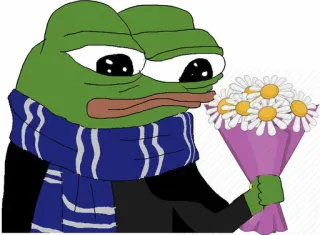 🌷 Pepe the Frog Pepe, rana, meme, triste, flores, ramo, bufanda, dibujos animados telegram sticker