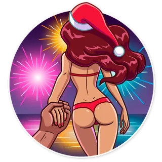 🎆 sexy, woman, bikini, santa hat, fireworks, rear view, holiday telegram sticker