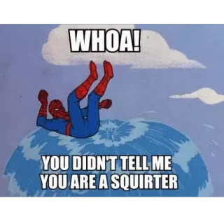 💧 Spider-Man WHOA!
YOU DIDN'T TELL ME
YOU ARE A SQUIRTER Spiderman, meme, funny, joke telegram sticker
