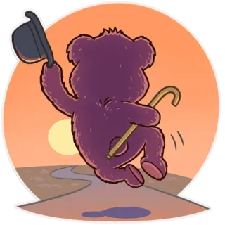 😉 ours, marche, chapeau, canne, coucher de soleil, dessin animé, animal telegram sticker