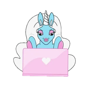 🦄 unicorn, laptop, komputer, merah muda, hati, kartun telegram sticker