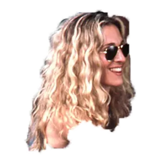😌 woman, blonde, sunglasses, smiling, portrait, curly hair telegram sticker
