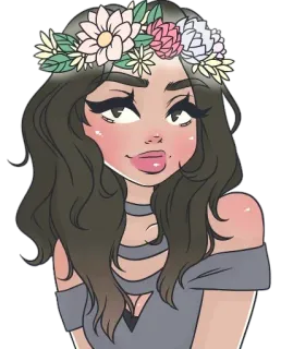 😊 donna, cartone animato, corona di fiori, ritratto, illustrazione telegram sticker
