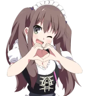 ❤️ Anime Mädchen, Maid, Süß, Kawaii, Herz Geste, Zöpfe whatsapp sticker