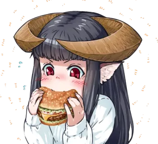 🍔 アニメガール, 角, 食べる, ハンバーガー, 可愛い telegram sticker
