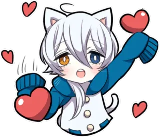 💙 kot, anime, serca, słodkie, chibi, kawaii, kreskówka telegram sticker