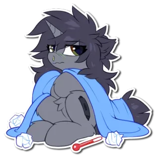 🤧 ポニー, 病気, 漫画, ユニコーン, 病気, 風邪, 体温, 体温計 telegram sticker