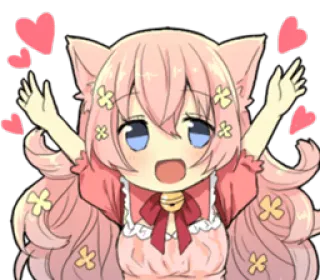 ❤ Anime, Kawaii, Chibi, Nữ mèo, Dễ thương, Trái tim, Tóc hồng telegram sticker