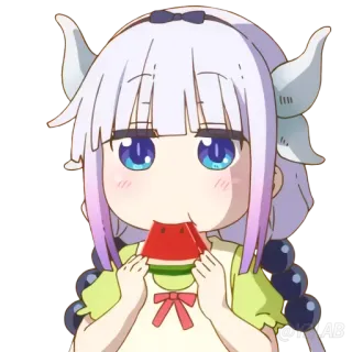 🍉 Kanna Kamui Miss Kobayashi's Dragon Maid Anime, Dragón, Kanna, Kawaii, Sandía, Lindo, Dibujos animados whatsapp sticker