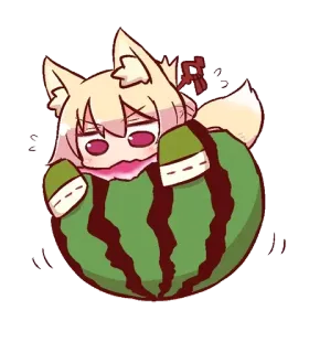 🍉 Anime, Dessin animé, Mignon, Renard, Pastèque, Drôle, Autocollant telegram sticker