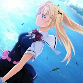😴 アニメ 女の子, 金髪, 青い目, ポニーテール, 水, 風景 telegram sticker