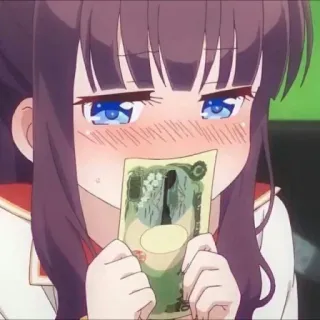 💸 Dziewczyna anime, Pieniądze, Jedzenie pieniędzy, Postać z kreskówki, Słodki telegram sticker