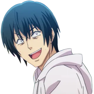 😧 anime, character, smiling, blue hair, hoodie telegram sticker
