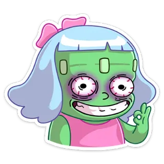 👌 sticker, cartoon, zombie, mädchen, figur, grüne haut, augen, okay geste telegram sticker