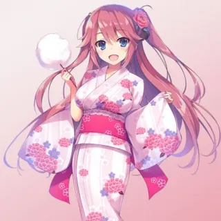 📕 fille anime, cheveux roses, kimono, barbe à papa, mignon, kawaii telegram sticker