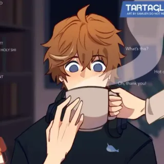 🍂 Tartaglia HOLY SHI What's this? Oh, thank you! Anime, Dibujos animados, Bebiendo, Chocolate caliente, Fanart whatsapp sticker