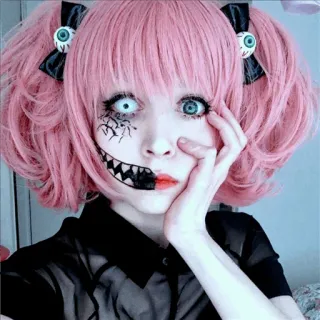 🌸 Косплей, Макияж, Розовые волосы, Жуткий, Хэллоуин, Страшный, Девушка, Мода telegram sticker