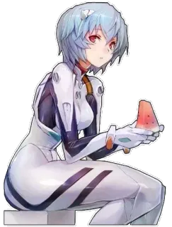 🍉 Rei Ayanami Neon Genesis Evangelion Аниме, Девочка, Рей Аянами, Евангелион, Арбуз, Сидит whatsapp sticker