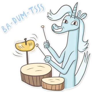 😄 BA-DUM-TSSS unicorn, drummer, musik, drum, kartun, binatang, lucu, lelucon whatsapp sticker